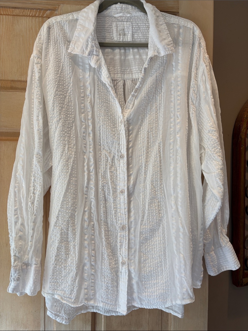 aerie White Textured Seersucker Long-Sleeve Button-Down Shirt XL 100% cotton
